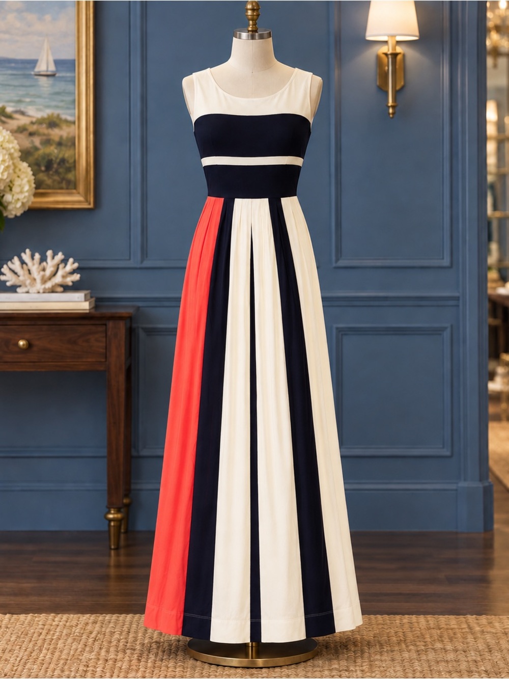 French Connection Sleeveless Colorblock Maxi Dress in Navy, Cream & Coral Sz 2